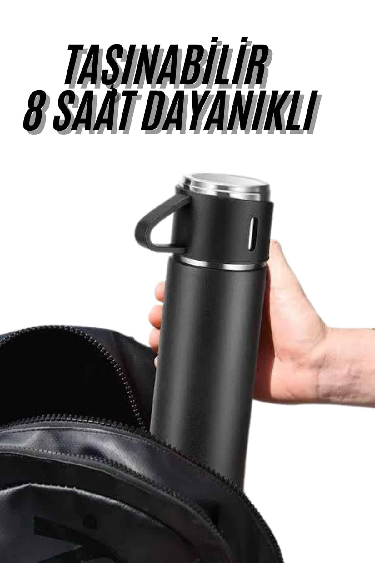 Termos Seti 3'lü Bardak Seti Isı Dayanıklı Siyah Paslanmaz Çelik Vakumlu 3