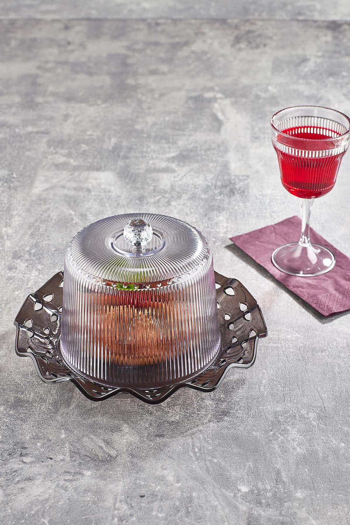 Akrilik Barok Füme Renk Kek Fanus & Kek Saklama Kabı & Şık Sunum Organizeri 26 Cm