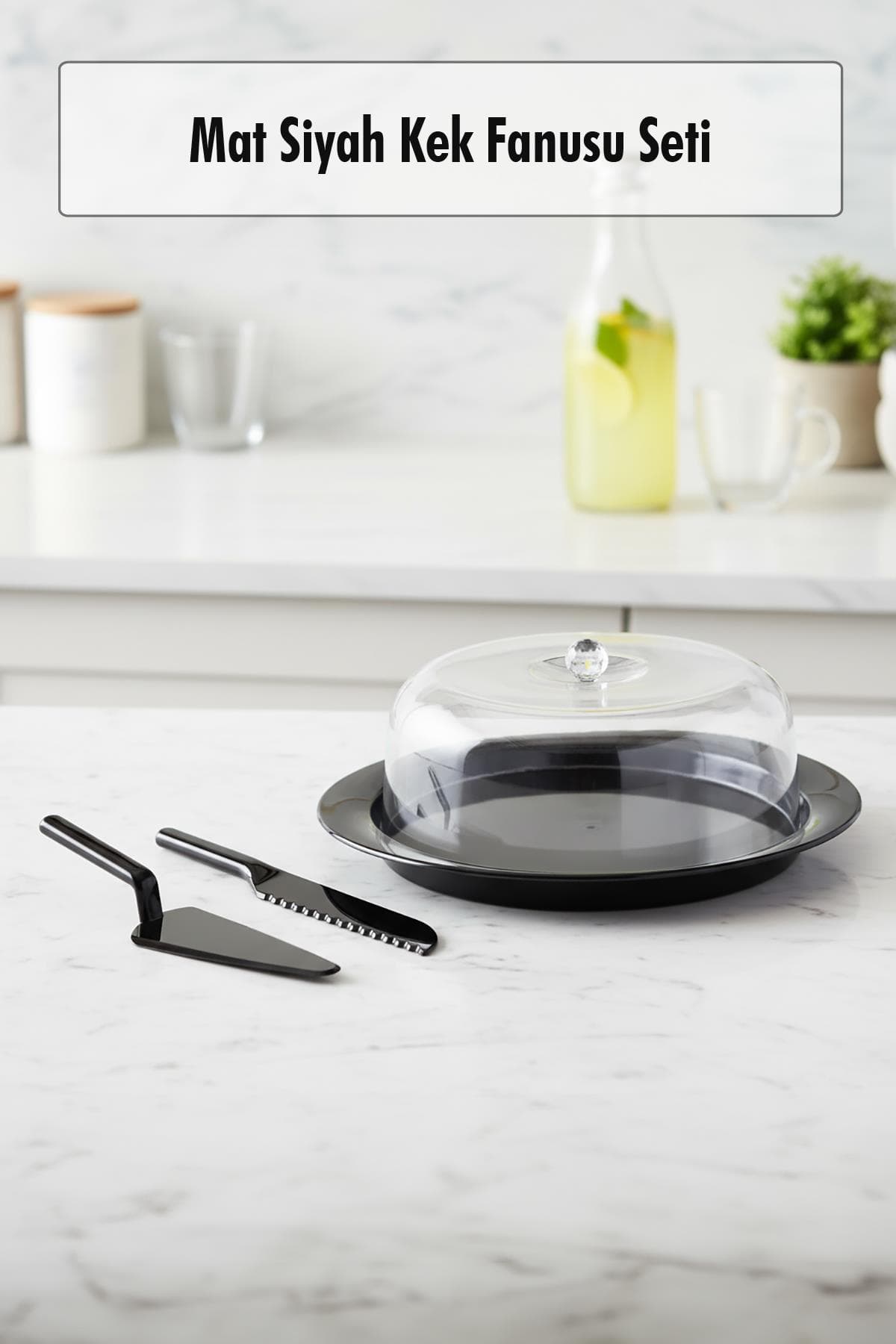 Akrilik Mat Siyah Kek Fanusu ve Servis Seti - 33 x 39 x 14 cm