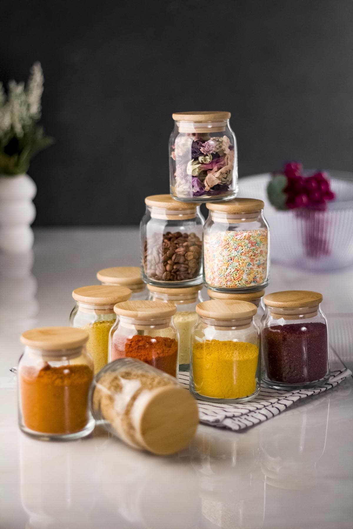 Premium 12'li Bambu Kapaklı Cam Baharatlık Seti - 250 ML Vakumlu Saklama