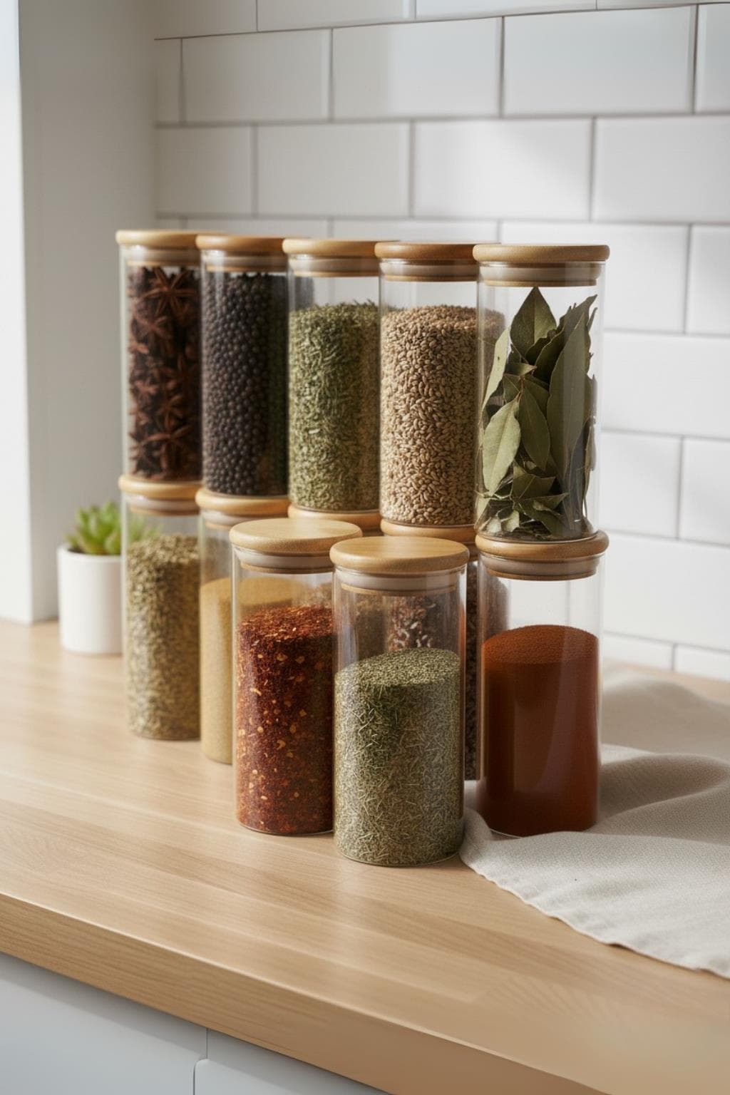 12’li Bambu Kapaklı Cam Kavanoz Baharatlık Saklama Düzenleme Kavanozu 450 ml