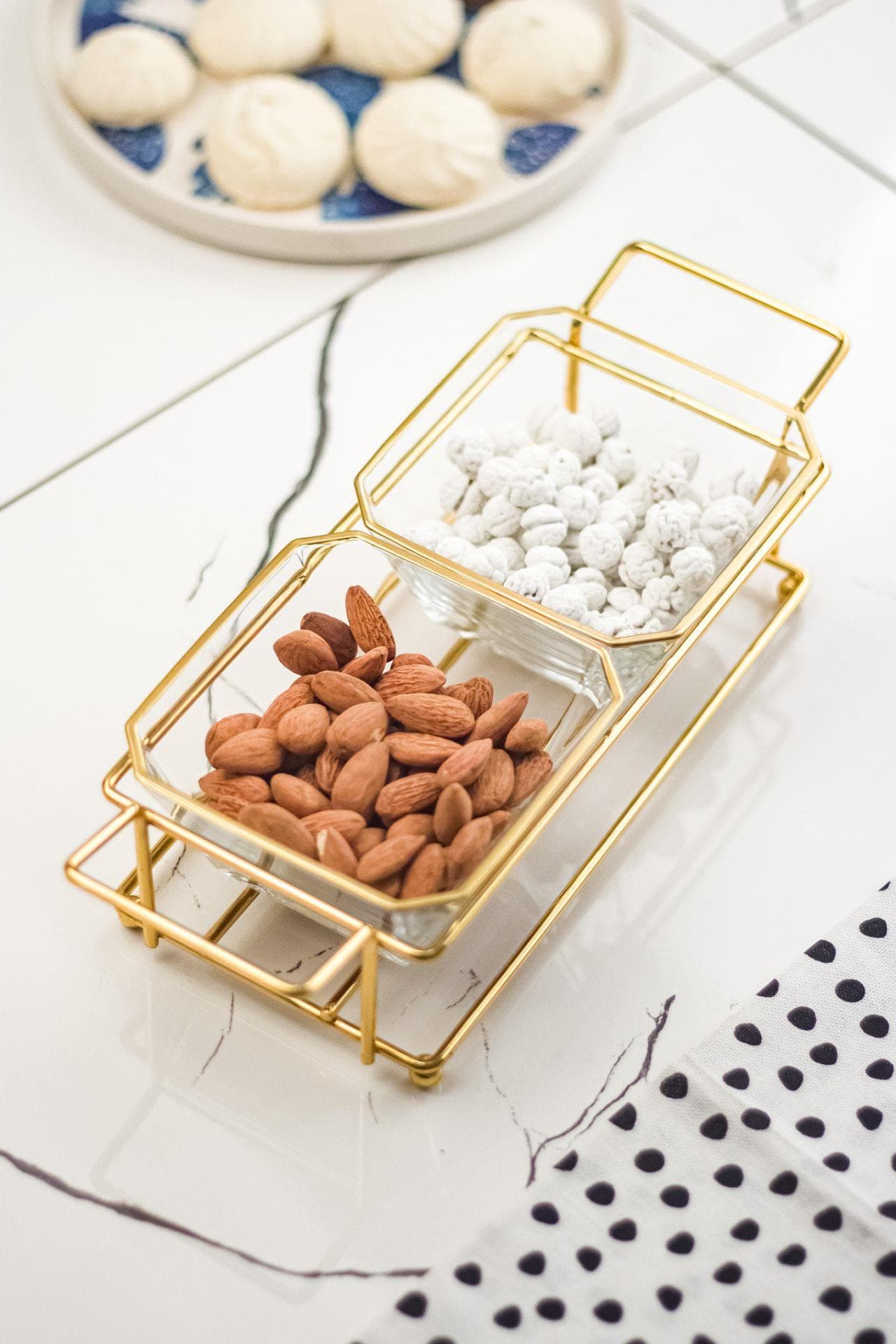 Premium 2 Bölmeli Cam Çerezlik & Kahvaltılık - Altın Standlı Şık Sunumluk