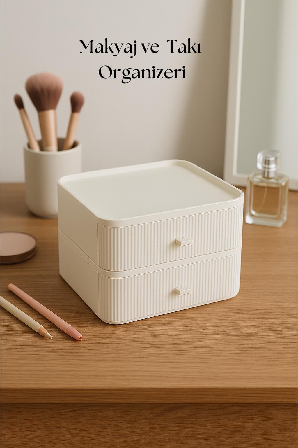 2 Katlı Çekmeceli Makyaj Organizeri & Çok Amaçlı Düzenleyici Beyaz