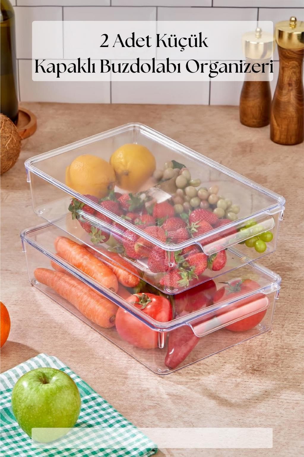 Premium 2'li Kapaklı Buzdolabı Organizeri - 3 lt Şeffaf Saklama Kabı