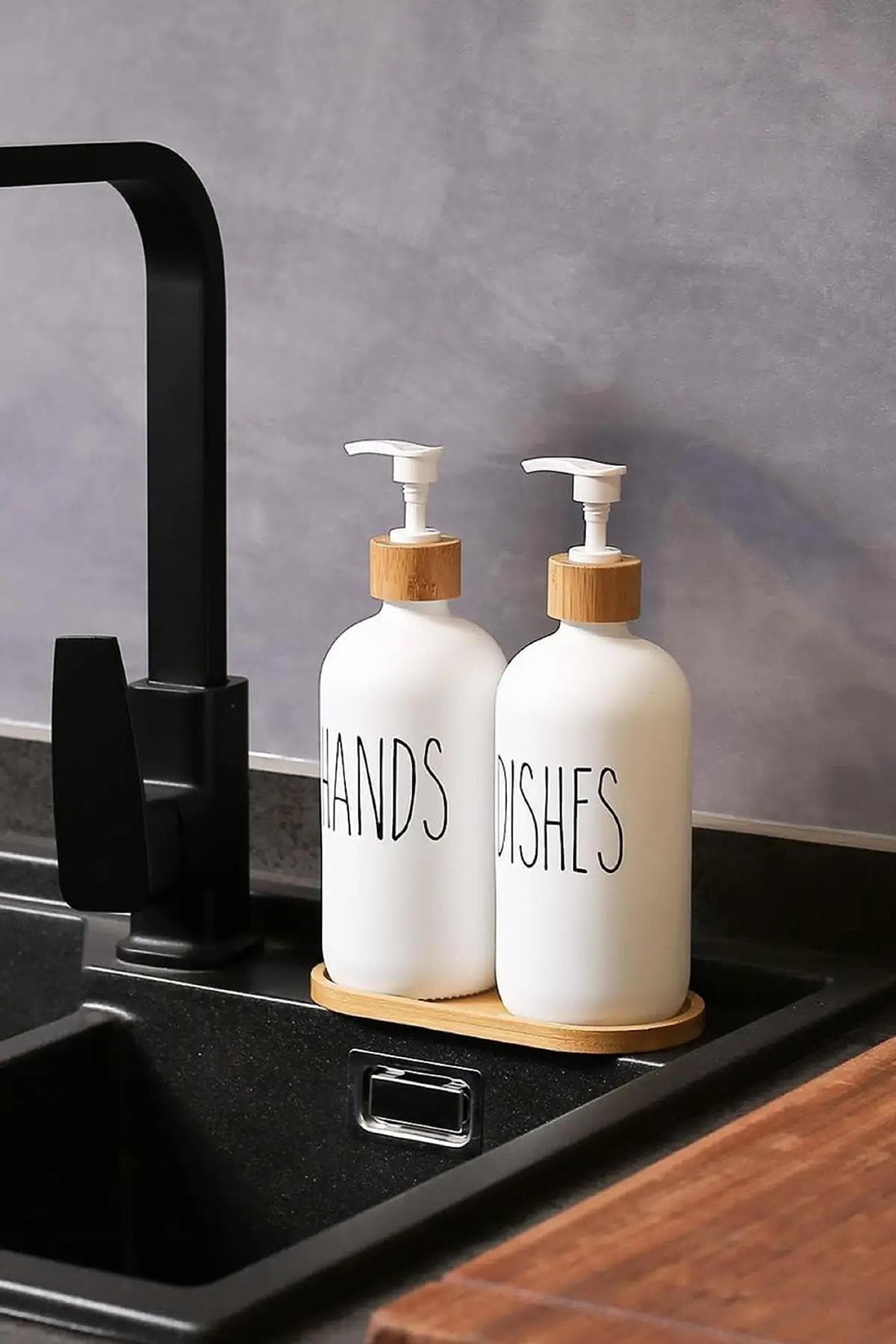 Beyaz Cam İkili Sıvı Sabunluk Seti 500 ml Bambu Altlıklı