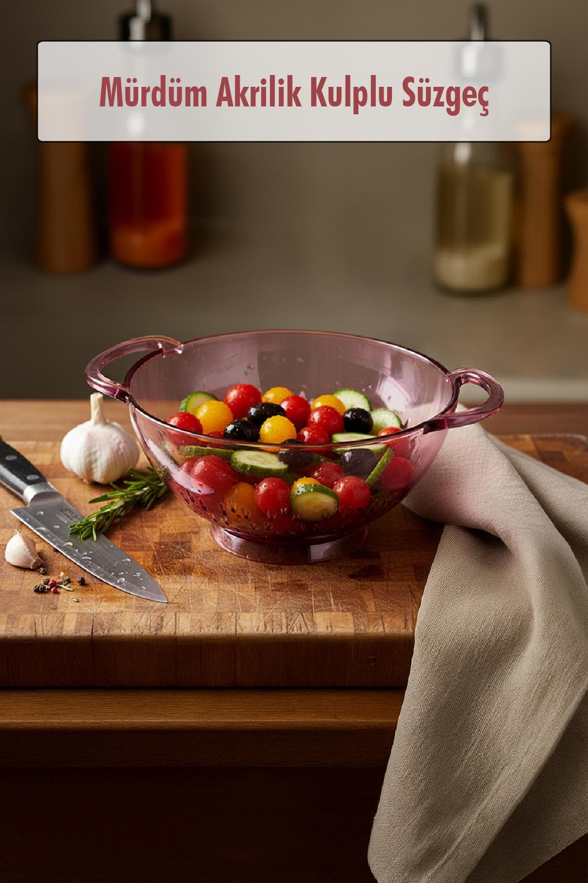 23,5 x 30 cm Mürdüm Akrilik Kulplu Süzgeç – Salata ve Makarna Süzme Kabı