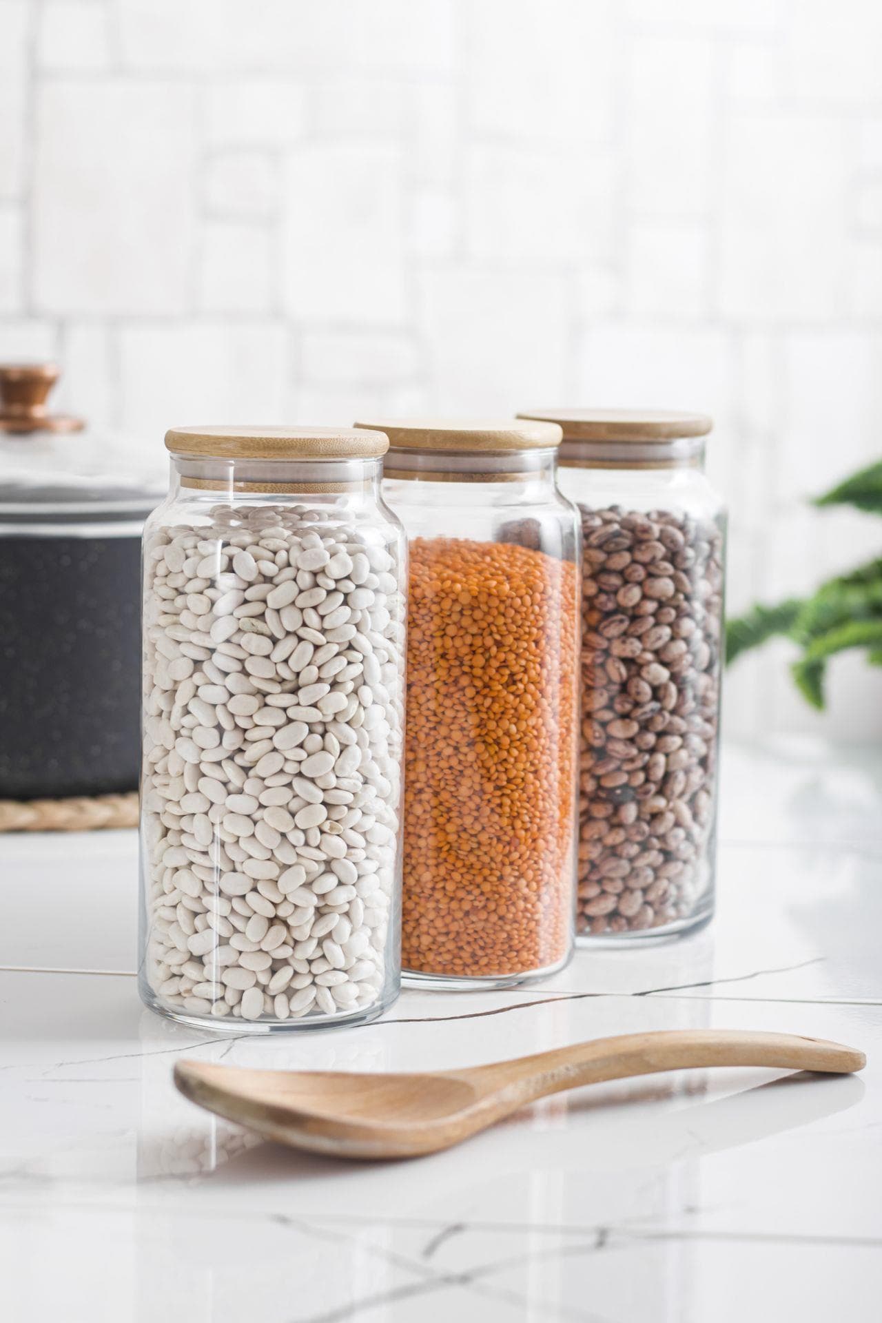 Premium 3'lü Bambu Kapaklı Cam Kavanoz Seti 1.3 Lt - Vakumlu Erzak Saklama Kabı