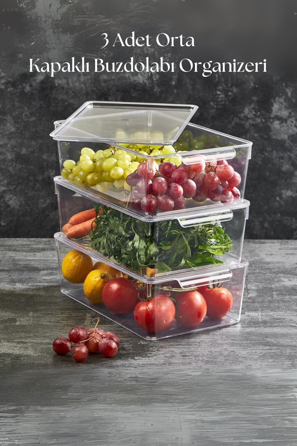 Premium 3'lü Kapaklı Buzdolabı Organizer Seti - 4,5 lt Şeffaf Saklama Kabı