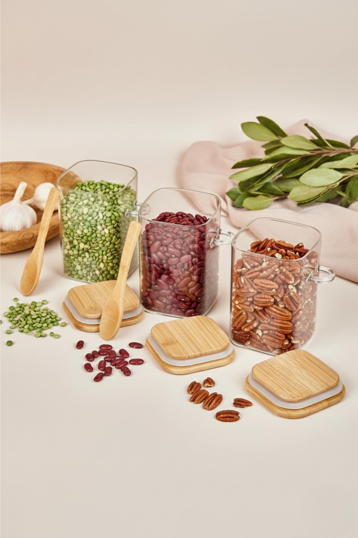 3’lü Kaşıklı Cam Kavanoz Seti Baharatlık Saklama Kavanozu 550 ml