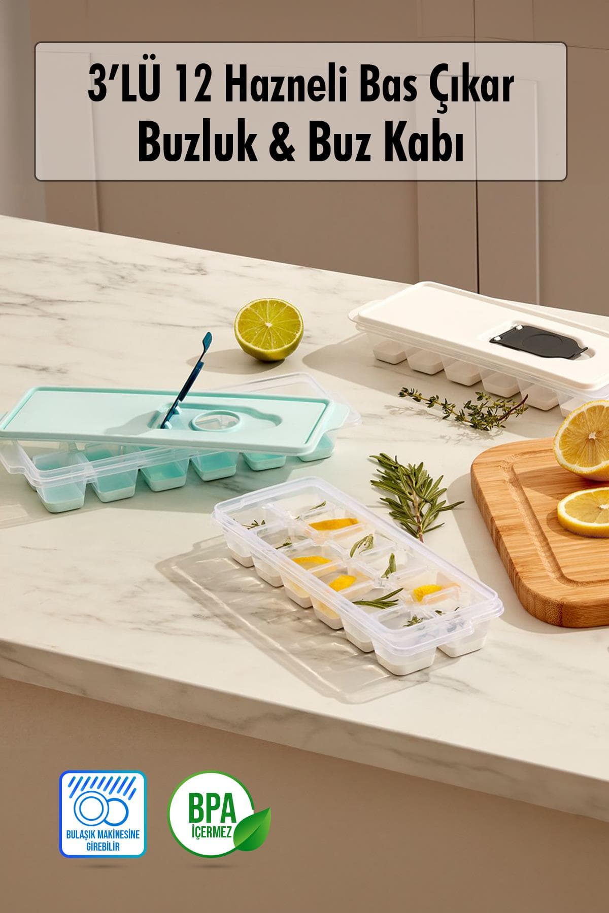 3’lü Set 12 Hazneli Bas Çıkar Buzluk & Buz Kabı