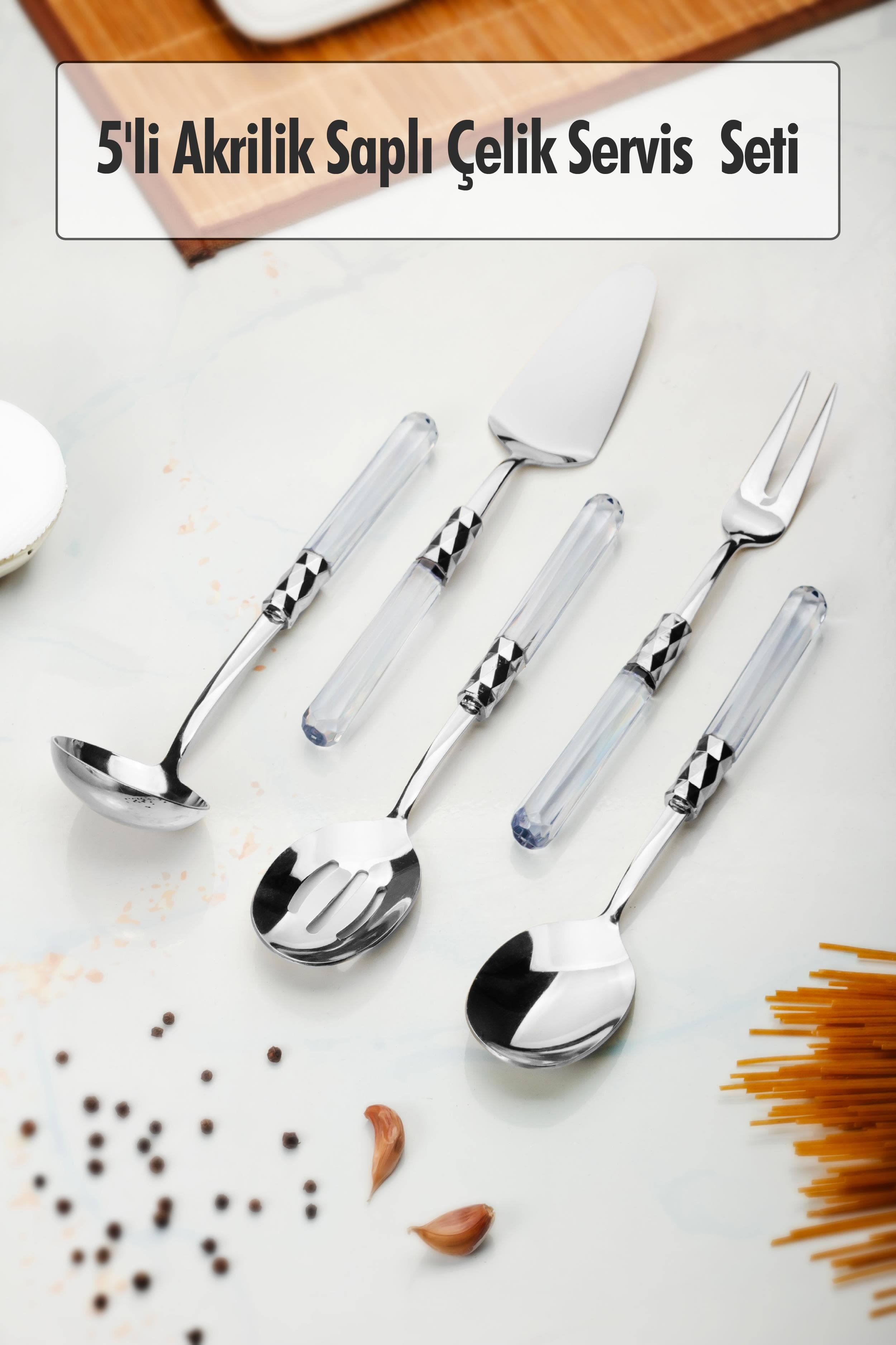 5 Parça Platin Servis Seti & Servis Sunum Seti Şeffaf ( Kepçe / Kevgir / Sıpatula / Çatal / Kaşık )