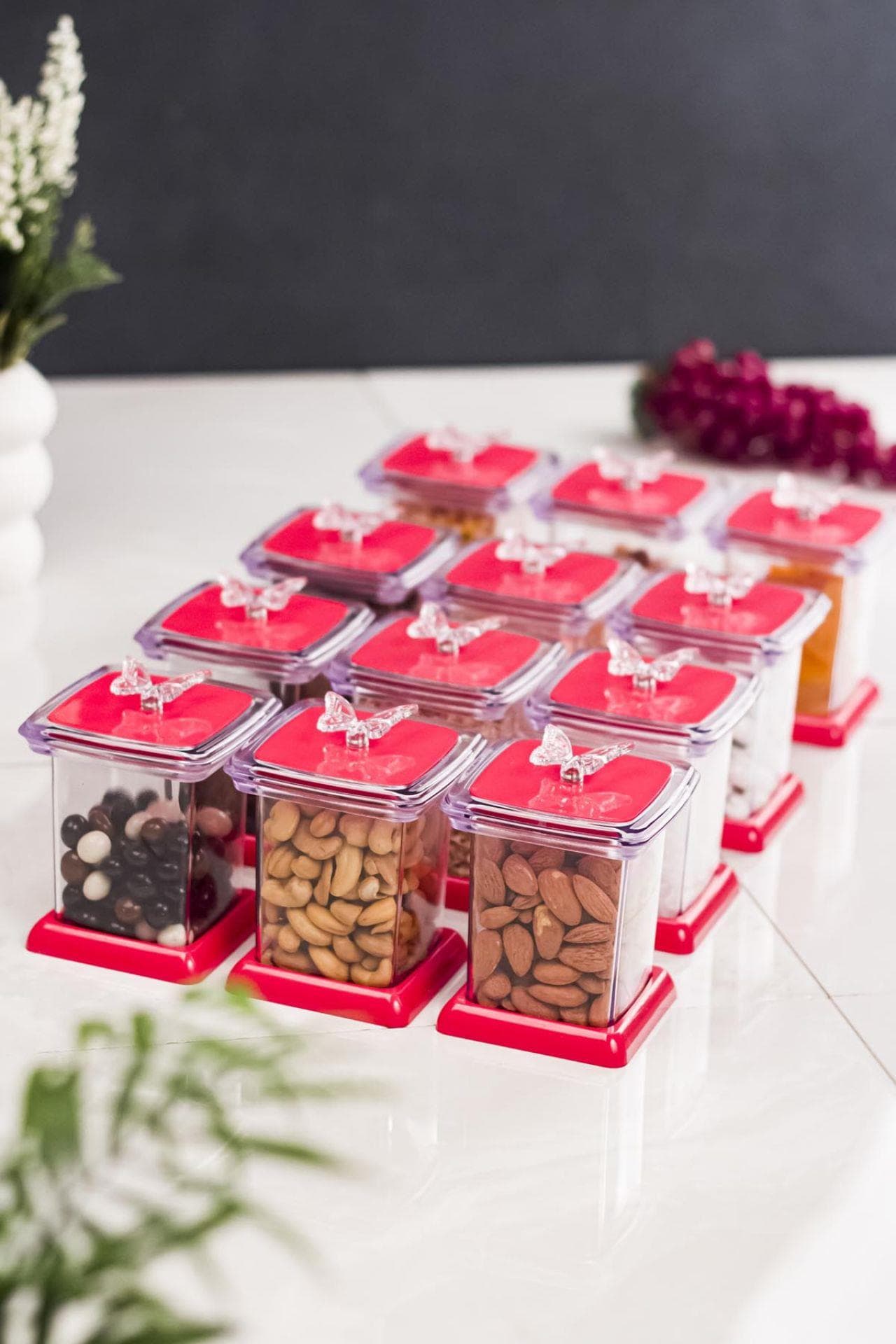 Premium Akrilik Baharatlık Seti 12'li Fuşya - Kırılmaz 200ml Kavanozlar