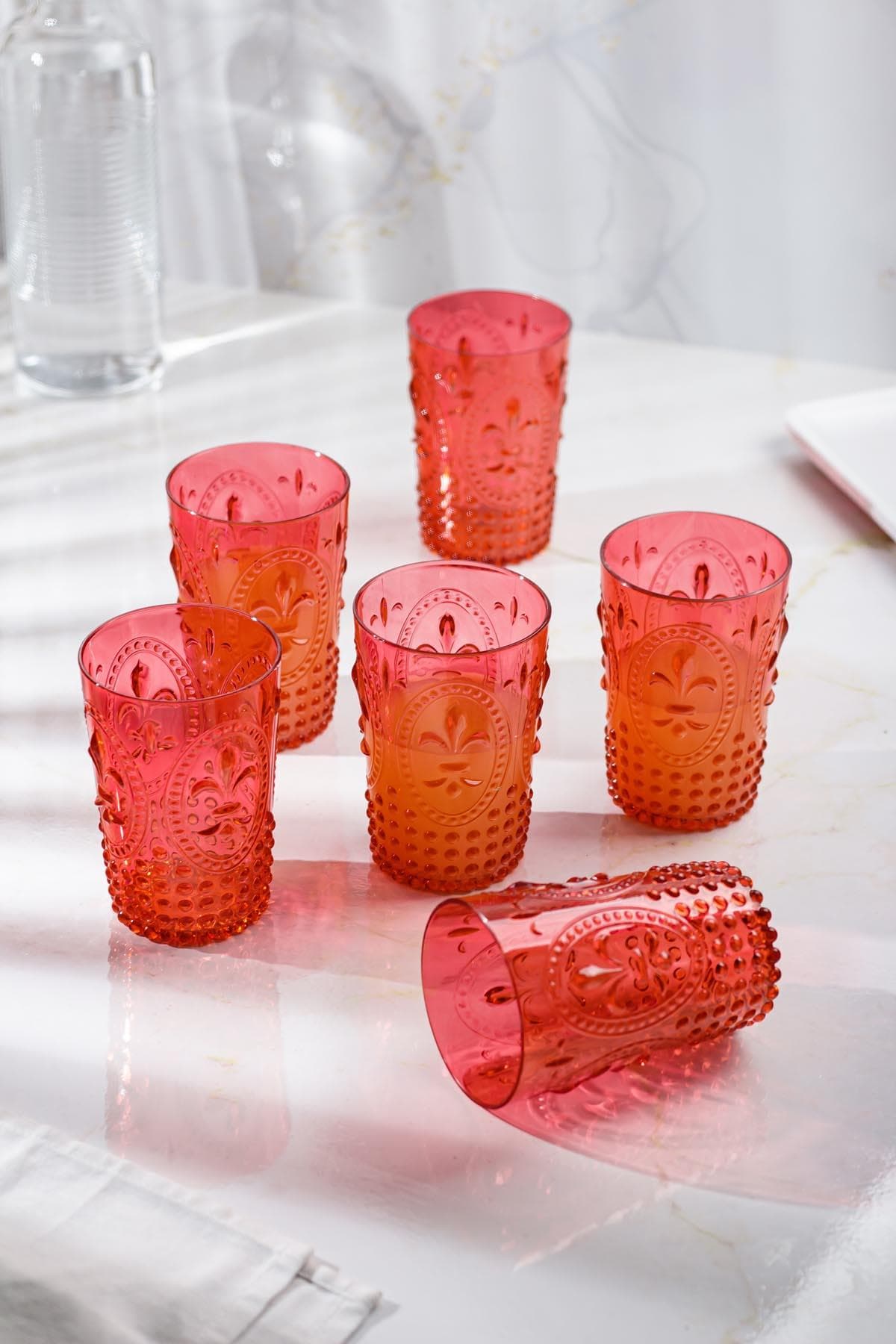 Premium Akrilik 6'lı Bardak Seti - Kırılmaz, 400 ml, Kırmızı - Su, Meşrubat ve Kahve İçin