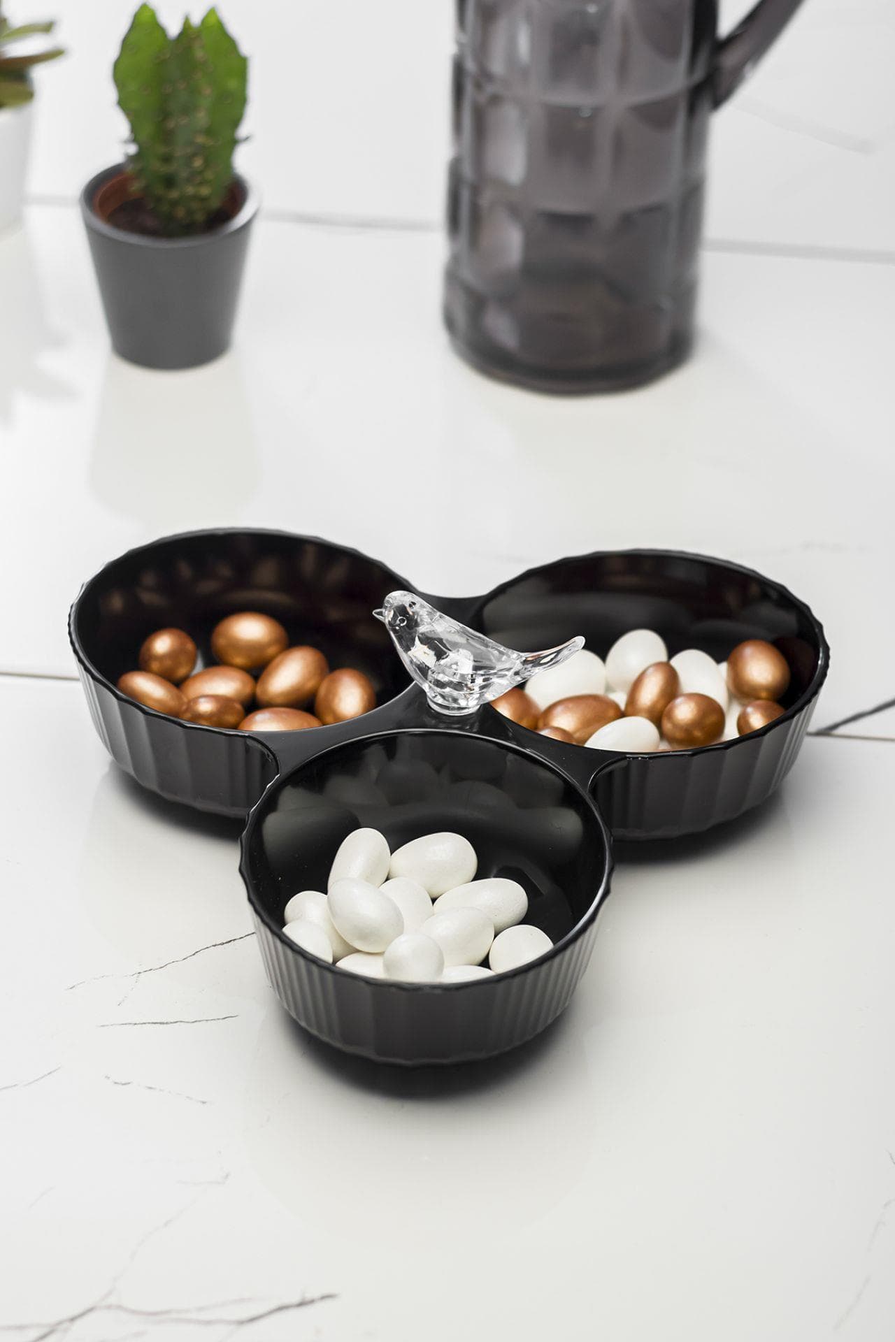 Premium Akrilik Kuş Desenli Çerezlik ve Şekerlik - Kırılmaz Siyah Sunumluk