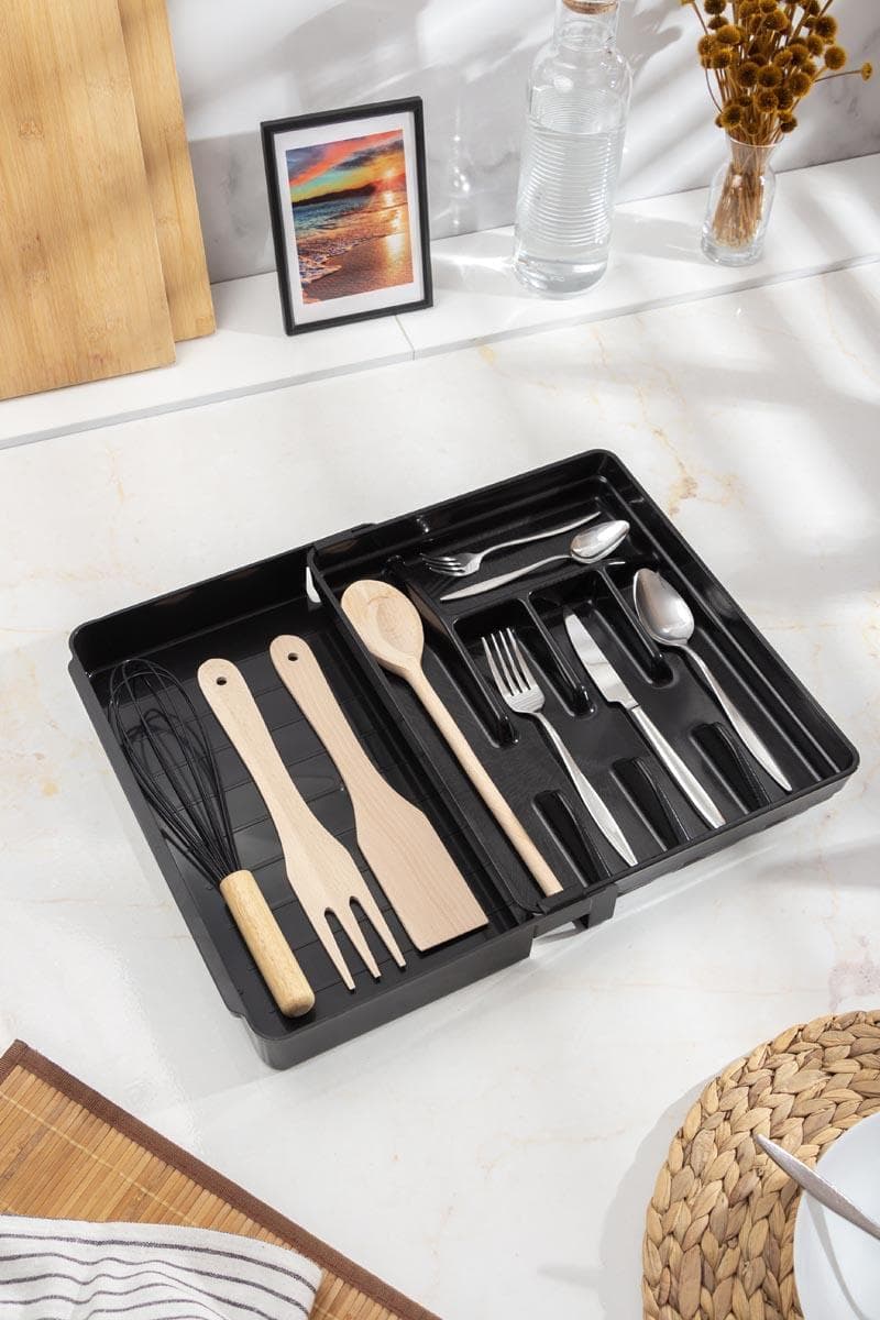 Premium Akrilik Çekmece İçi Kaşıklık Organizer - Siyah, Ayarlanabilir, Dayanıklı