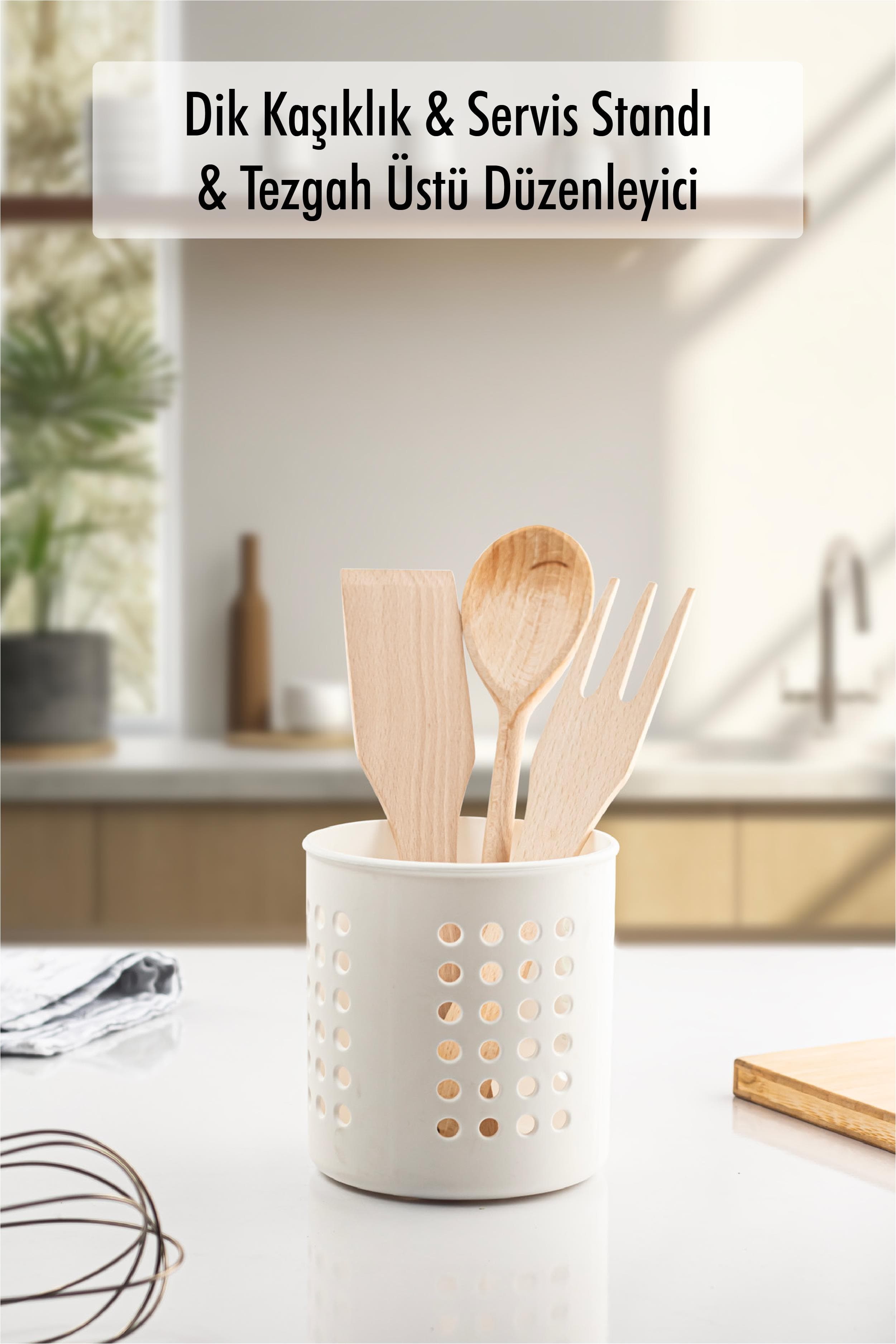 Beyaz Silindir Dik Kaşıklık & Tezgah Üstü Düzenleyici & Servis Standı