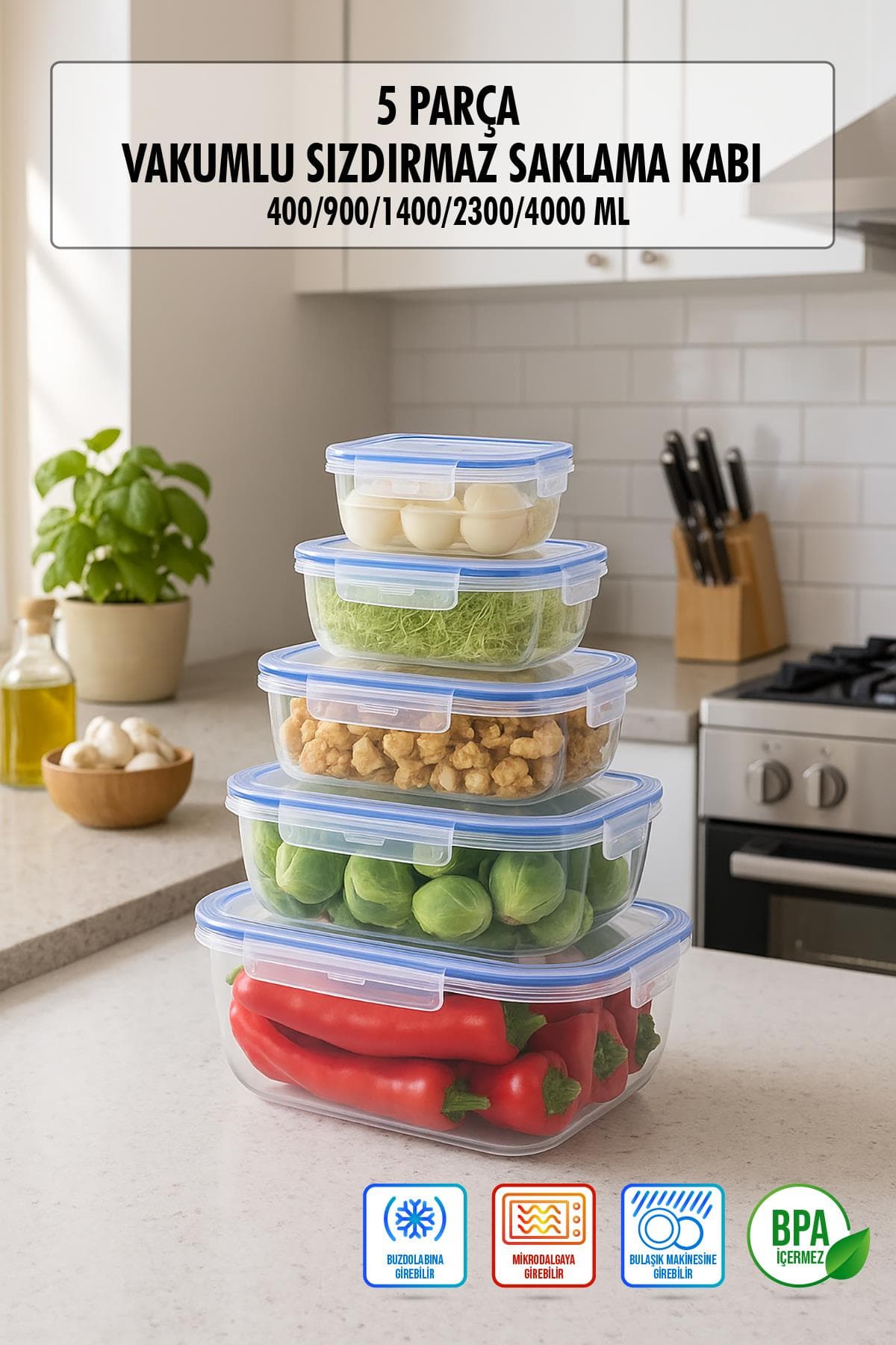 Dikdörtgen 5 Parça Contalı Vakumlu Sızdırmaz Hava Almaz Saklama Kabı Seti (4000/2300/1400/900/400 Ml)