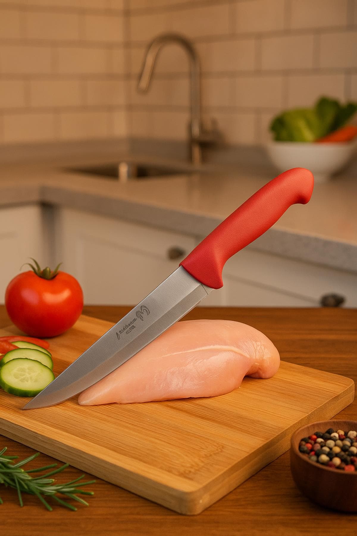 Paslanmaz Çelik Kasap Bıçağı Kırmızı Saplı Et ve Mutfak Bıçağı 27 cm