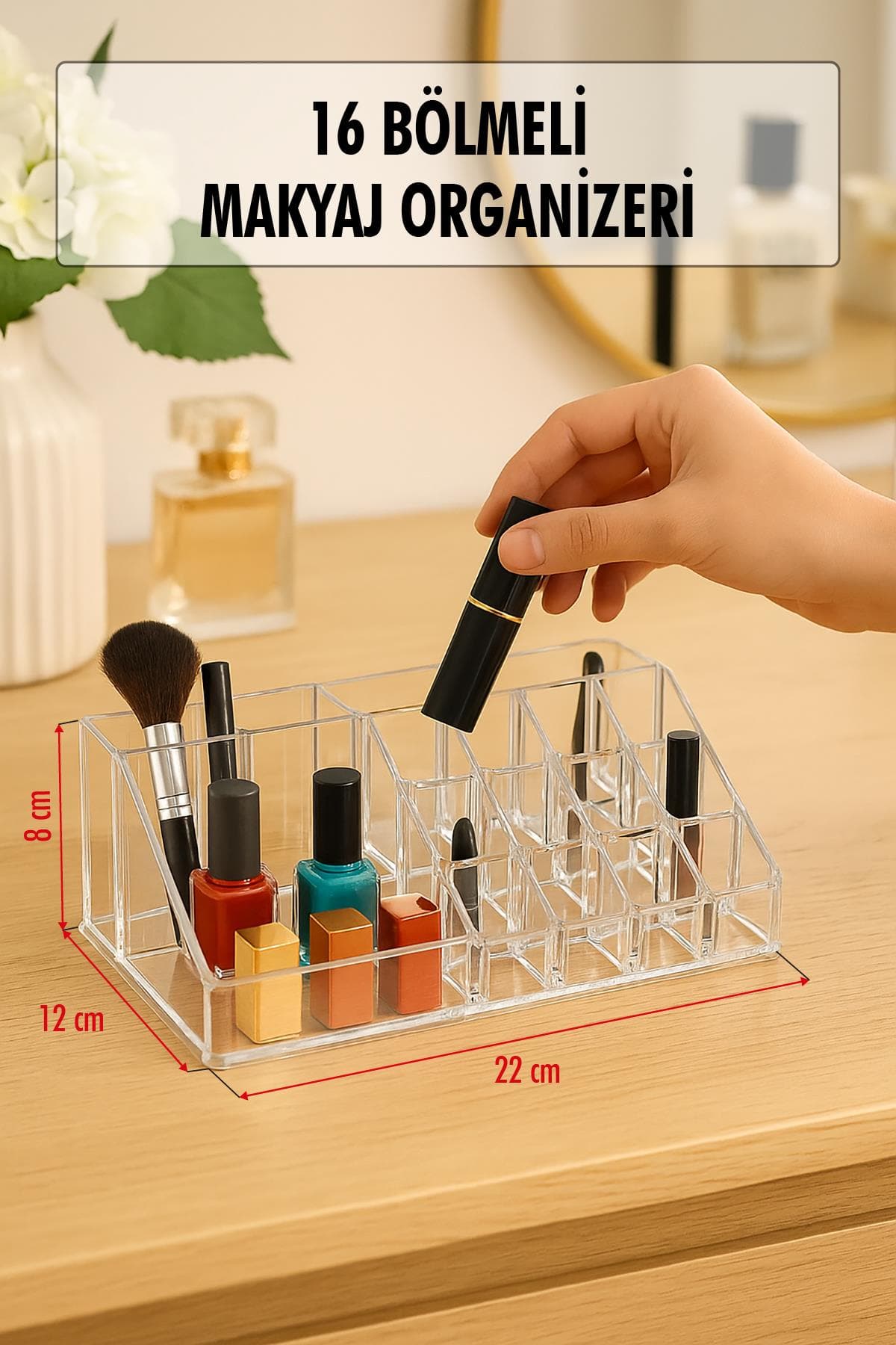 Şeffaf 16 Bölmeli Makyaj Organizeri Düzenleyici 12×22×8 cm
