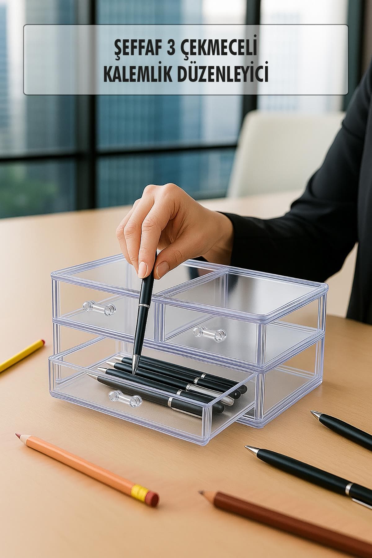 Şeffaf 3 Çekmeceli Kalemlik Düzenleyici Organizer 14×24×10 cm