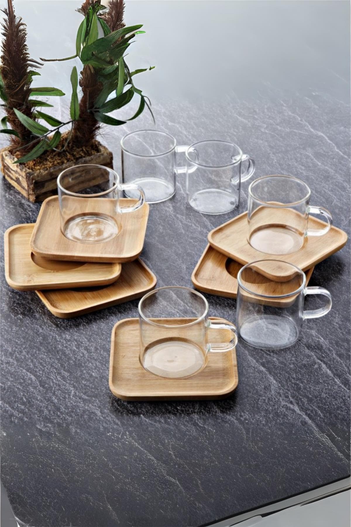 6 Lı Cam Çay Fincanı Seti Bambu Tabanlı 200 ml