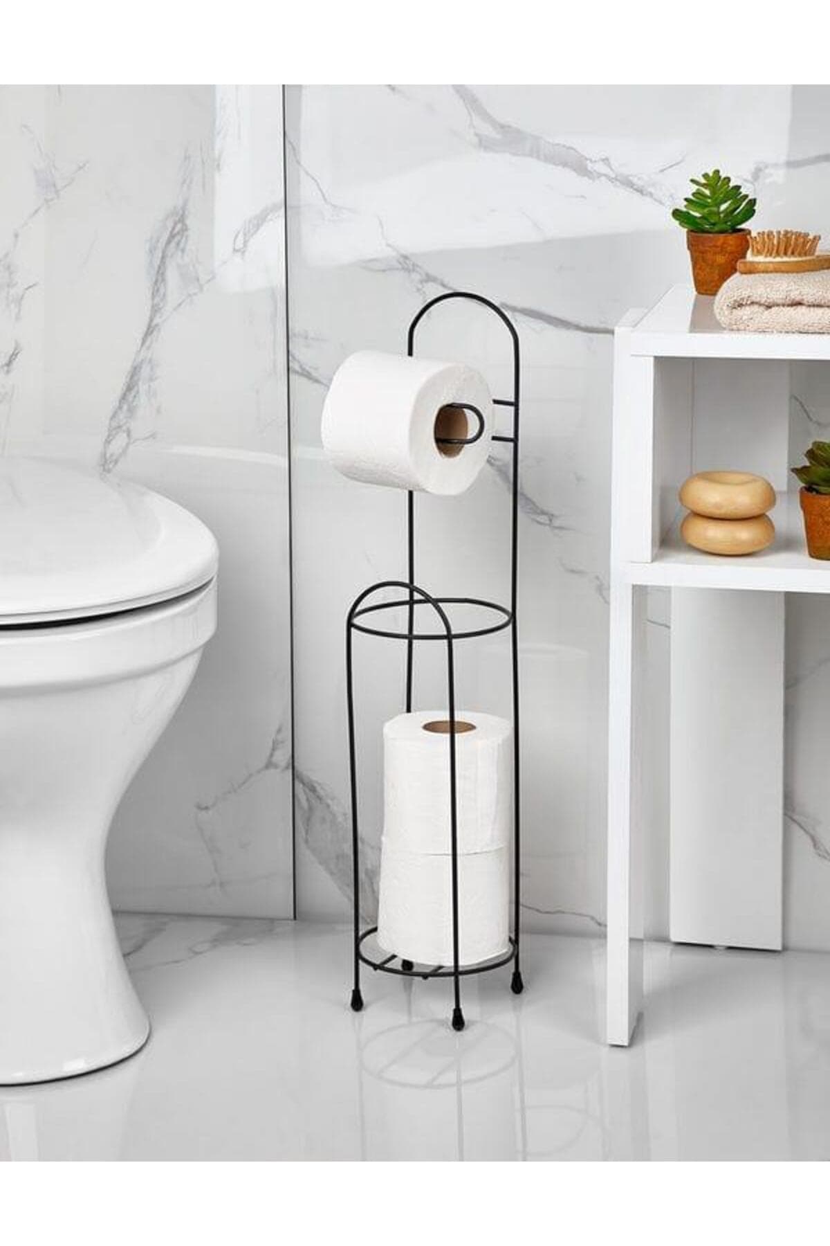 Delmesiz Montaj Siyah Ferforje Tuvalet Kağıtlığı & Yedek Rulo Standı