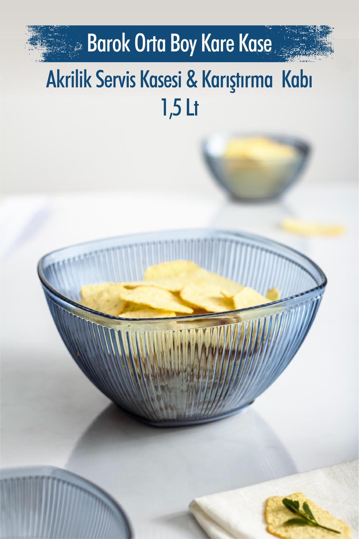Barok Lacivert Kare Akrilik Salata Kasesi & Karıştırma Kabı 1.5 Lt
