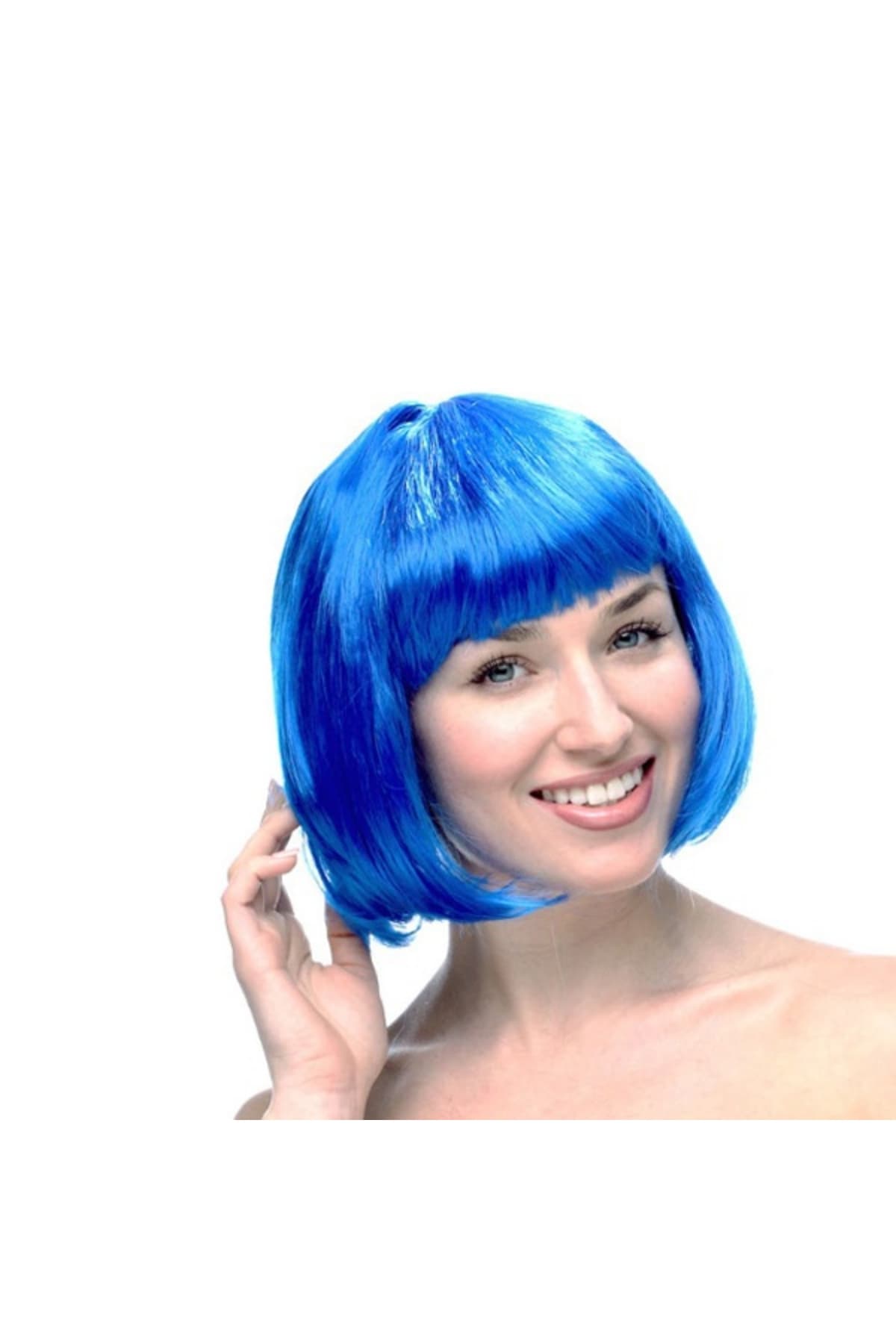Premium Mavi Küt Kesim Peruk - Yetişkin Unisex Parti Kostüm ve Eğlence Aksesuarı