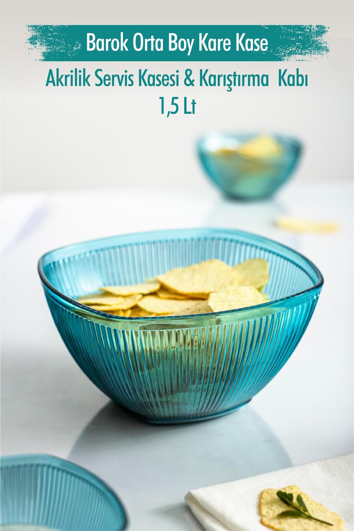 Akrilik Barok Tasarım Aquamarin Kare Kase 1.5 Lt | Salata & Meyve Servis Kabı