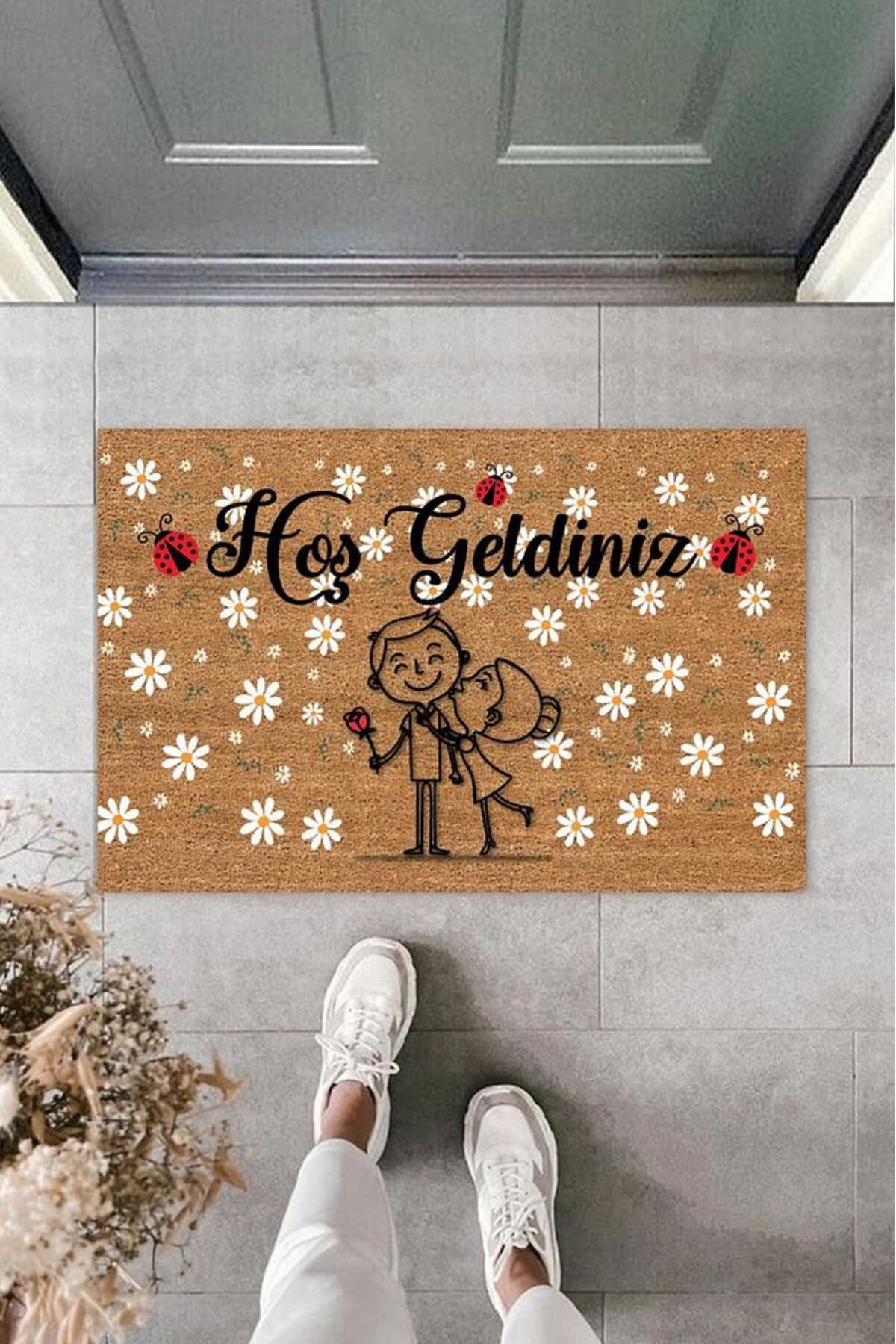 Papatyalı Hoş Geldiniz Paspası - Kaymaz Tabanlı, 40x60 cm Dekoratif Kapı Paspası