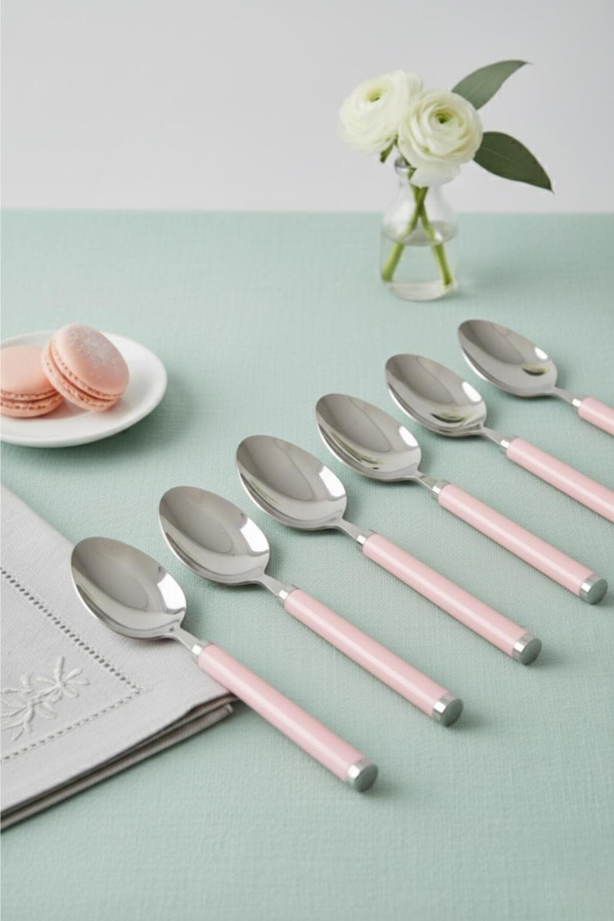 Somon Pembe Saplı Paslanmaz Çelik 6'lı Tatlı ve Çay Kaşığı Seti 15cm