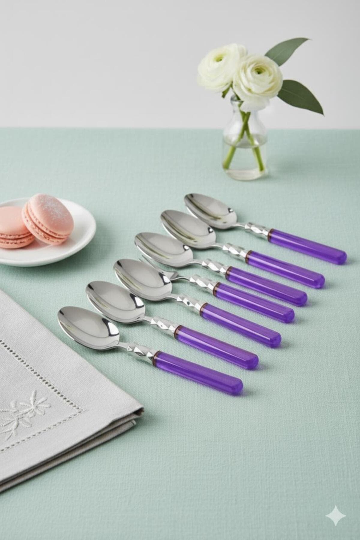 Mor Renkli 6'lı Paslanmaz Çelik Tatlı Kaşığı Seti 15 cm