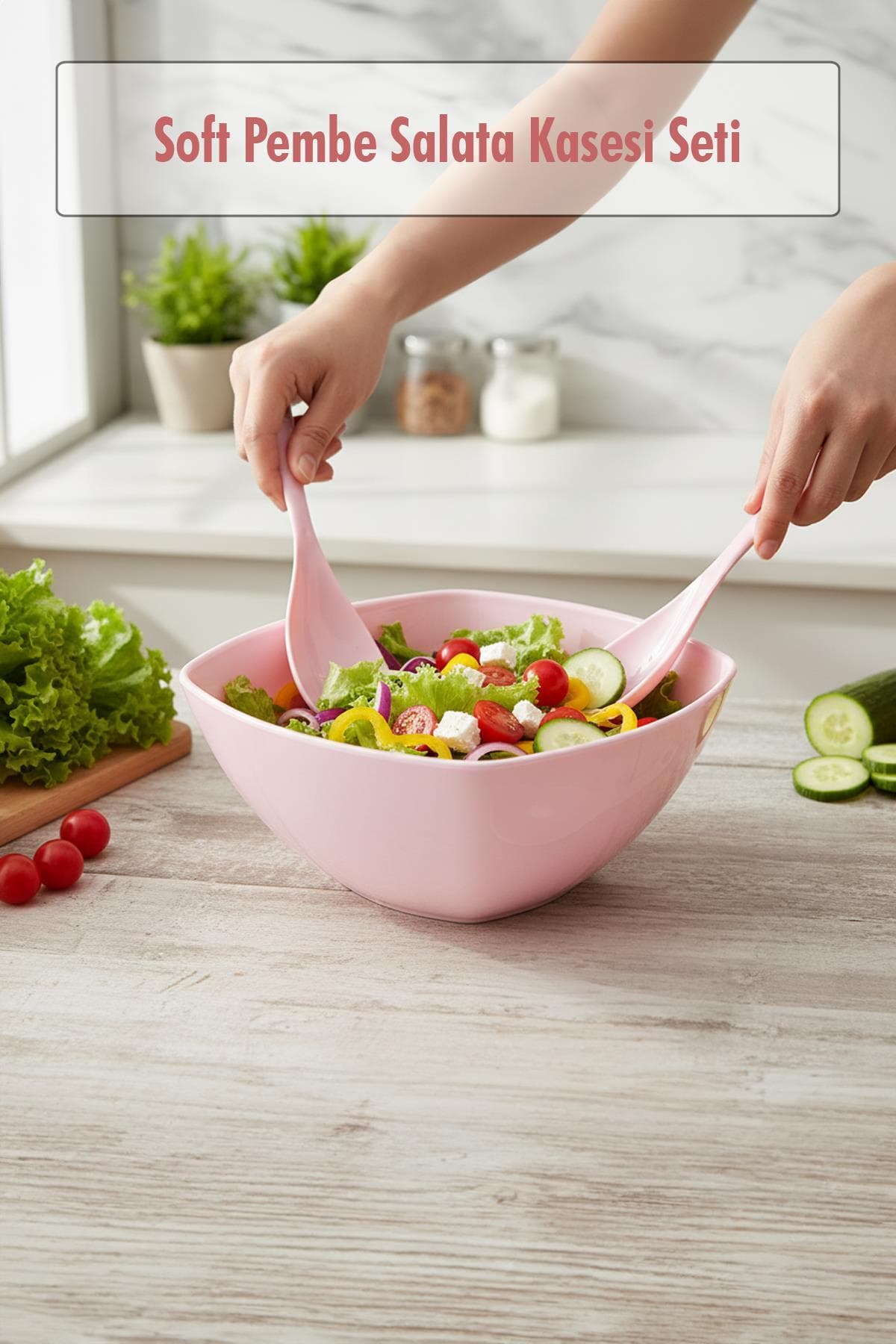 Soft Pembe Akrilik Kare Salata Kasesi Seti 3,5 Litre