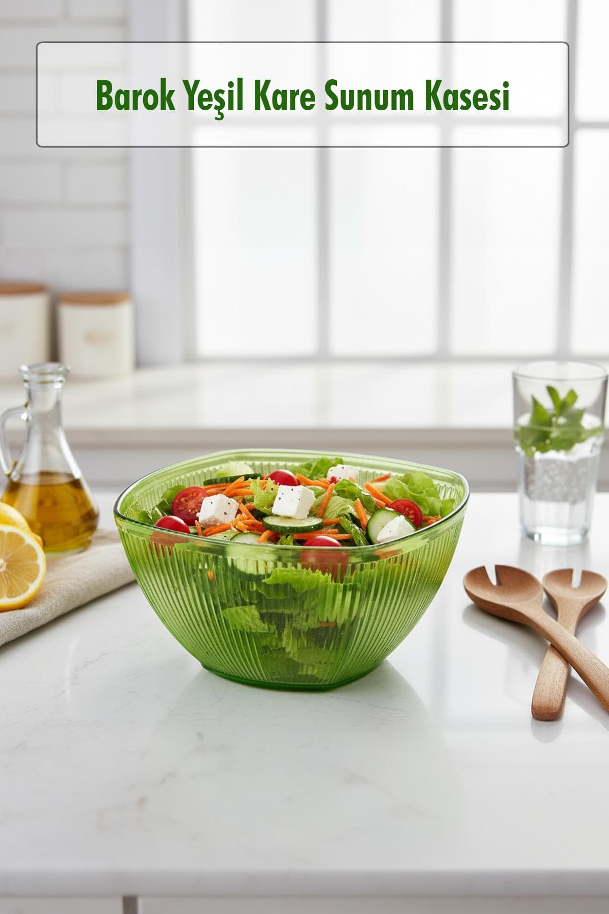 Barok Yeşil Akrilik Kare Sunum Kasesi 1,5 Litre