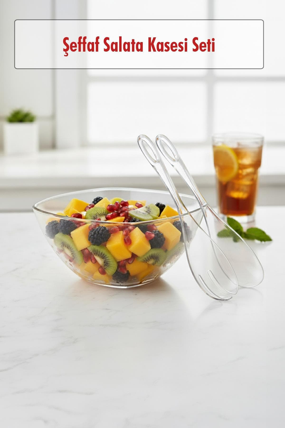 Şeffaf Kırılmaz Akrilik Salata Kasesi & Kaşıklı Servis Seti 3.5 Lt
