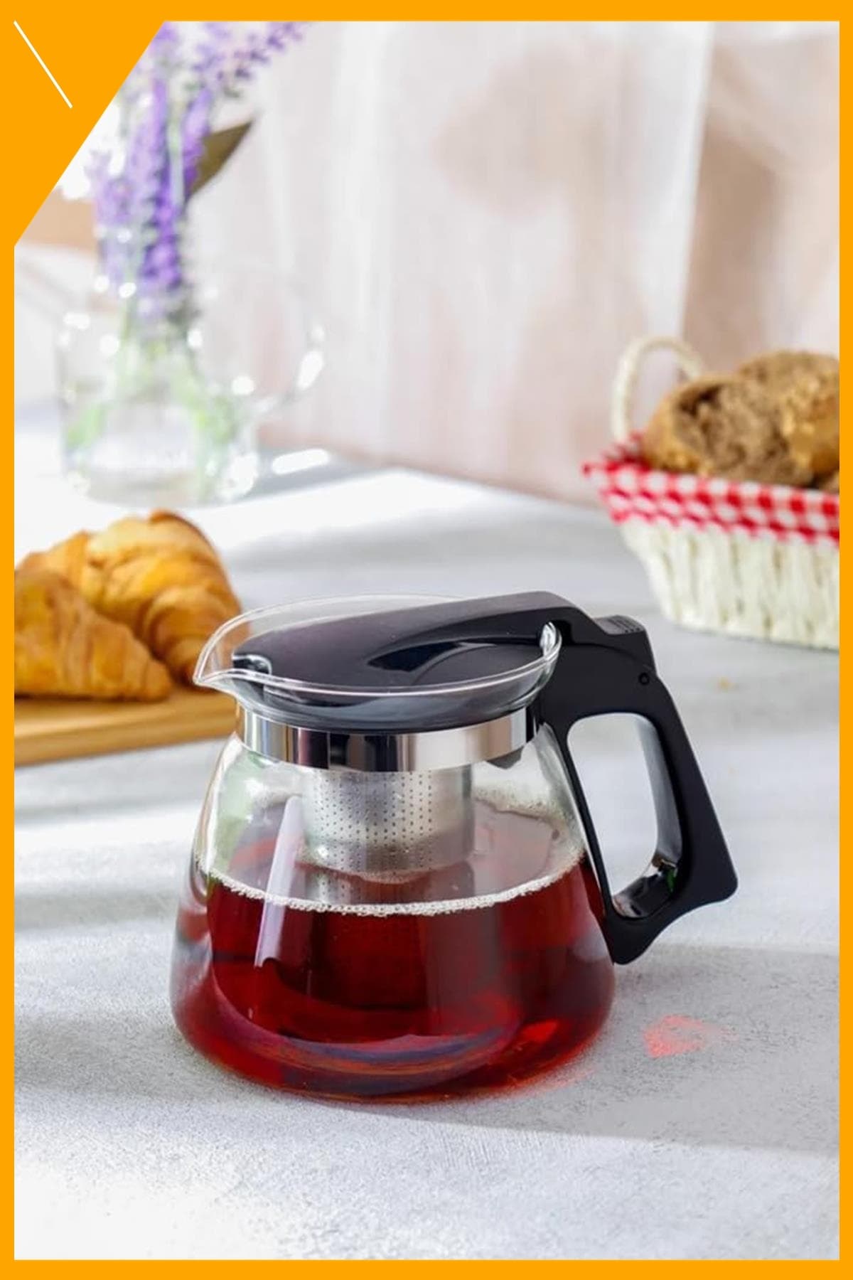 Isıya Dayanıklı Borosilikat Cam Demlik 900 ml Modern Siyah Kapaklı Çaydanlık