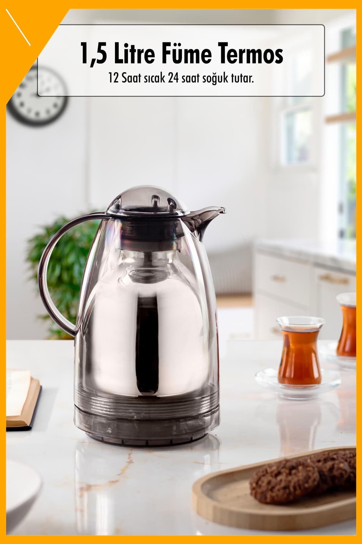 1.5 LT Füme Cam Termos - 12 Saat Sıcak & 24 Saat Soğuk Tutan