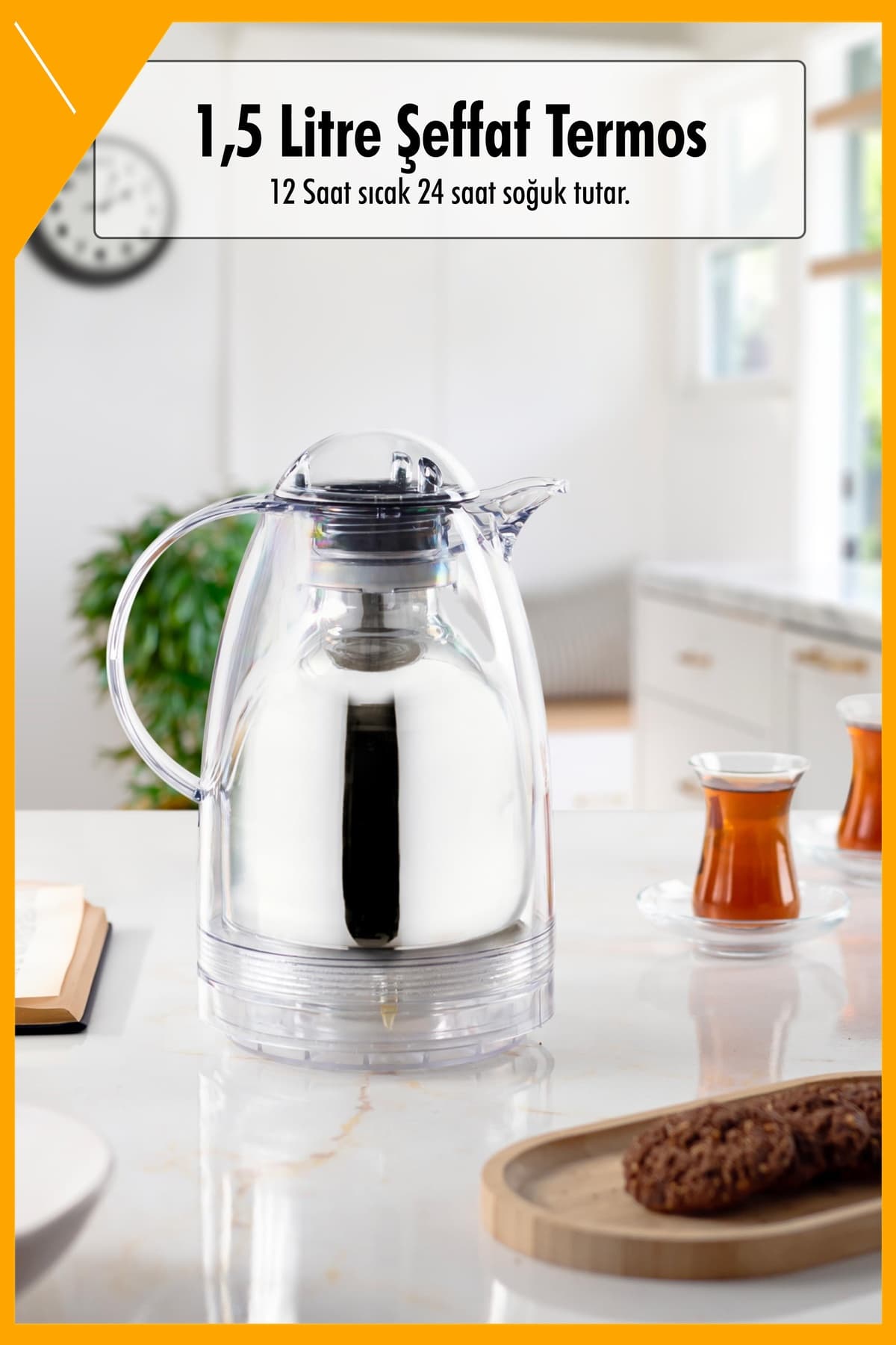 Şeffaf Cam İçli 1.5 Lt Termos - 12 Saat Sıcak Tutan Çay & Kahve Sürahi
