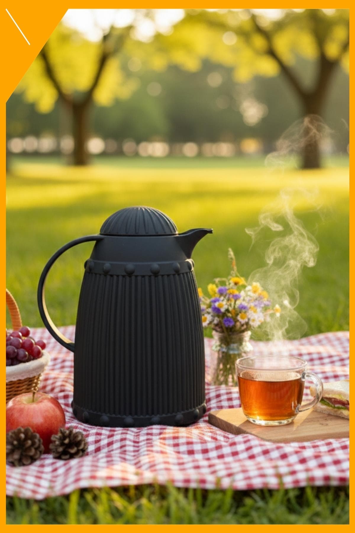 Siyah 1 LT Cam Termos, 12 Saat Sıcak Tutan Şık Çay Sürahisi A-3115