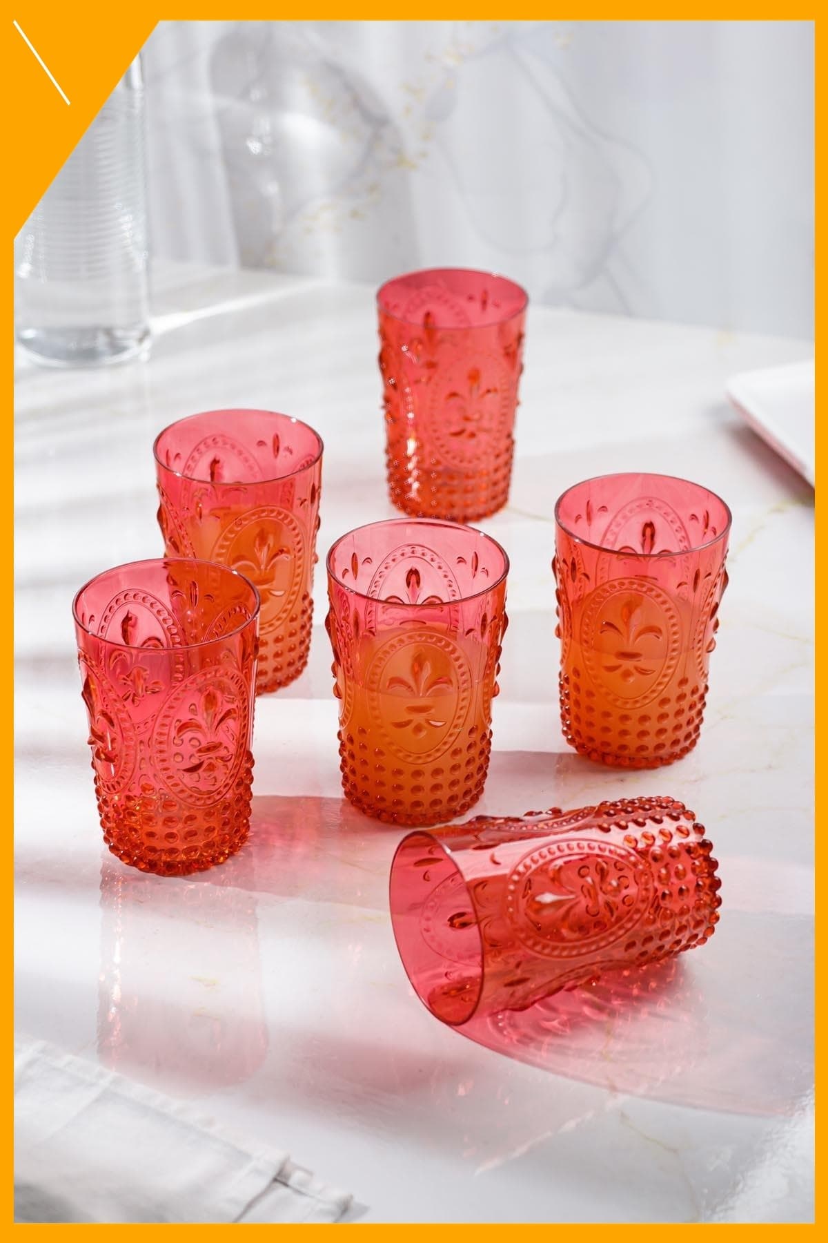 Kırmızı Akrilik Kırılmaz 6'lı Bardak Takımı 400 ml Su Meşrubat Bardağı